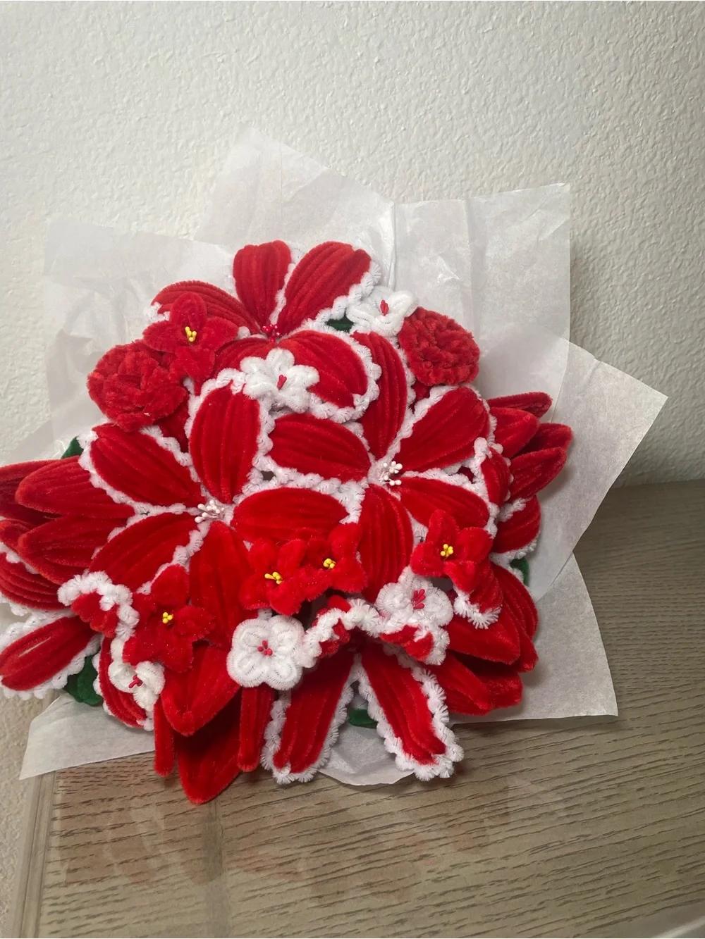 Handmade red & white pipe cleaner flower bouquet- one dozen